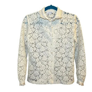Vintage Sunny South Dallas Lace Blouse 80s Sheer Floral Ruffle Pearl Button Sz 8